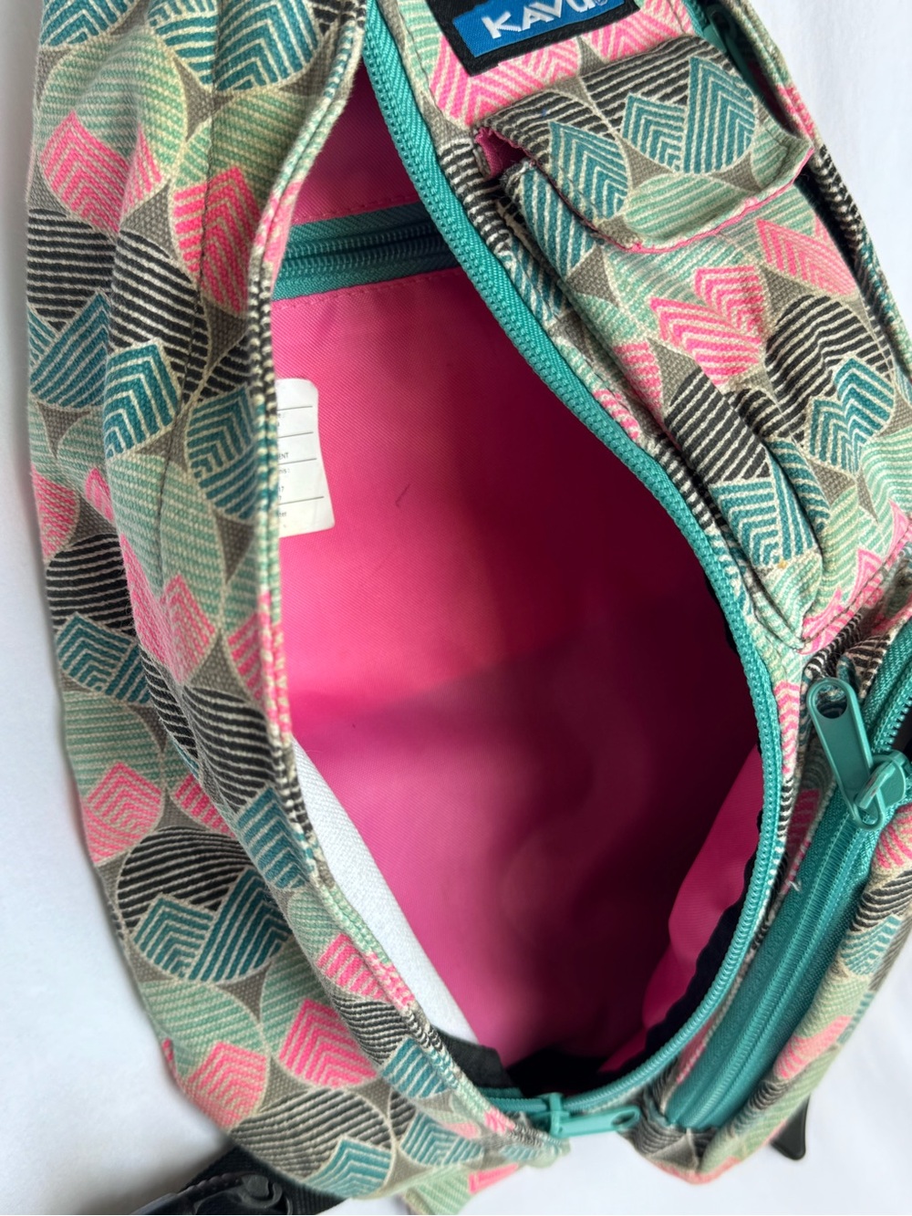 Kavu Pink Teal and Black Geometric Rope Sling Backpack - Picture 6 of 6